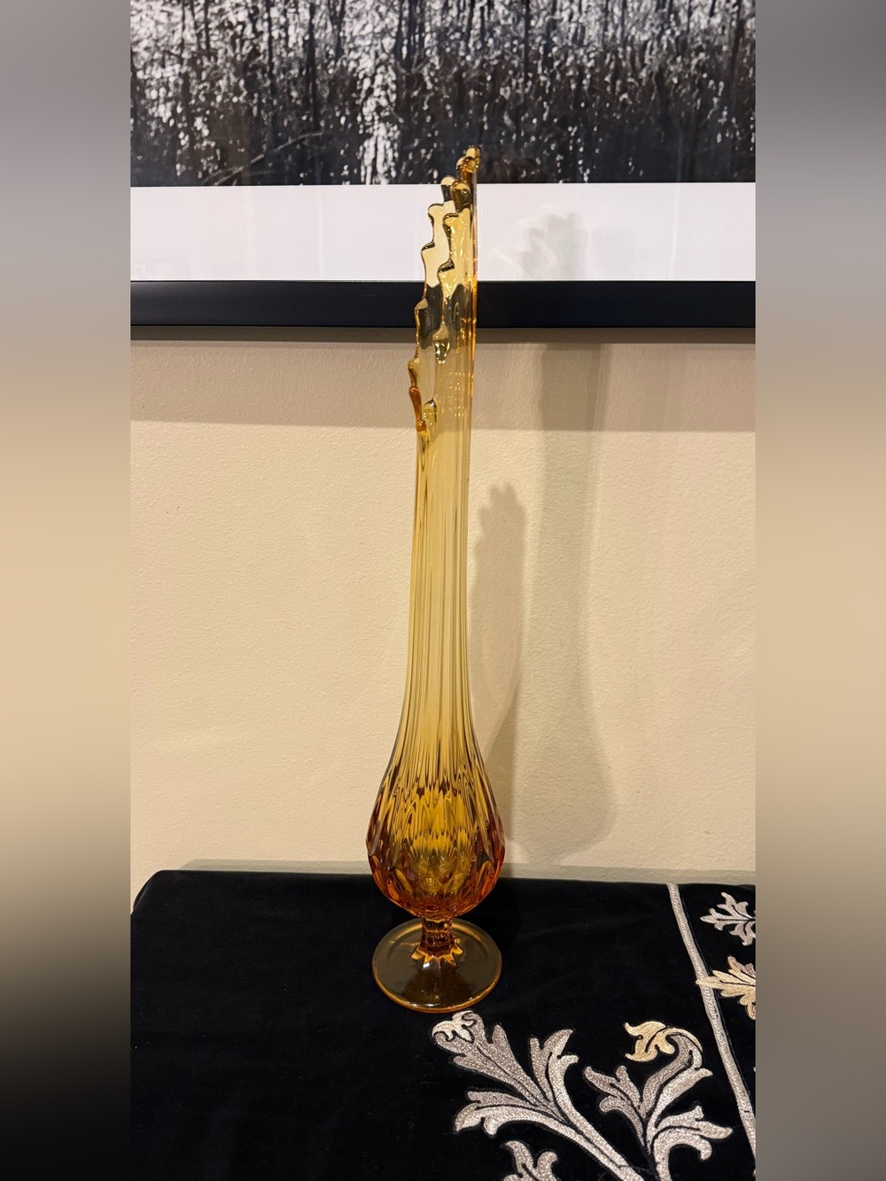Fenton Colonial Amber Thumbprint Swung Vase 18.5" Vintage MCM Glass - Picture 2 of 11